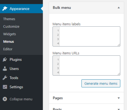 WordPress plugin Bulk menu creator Menu items textarea